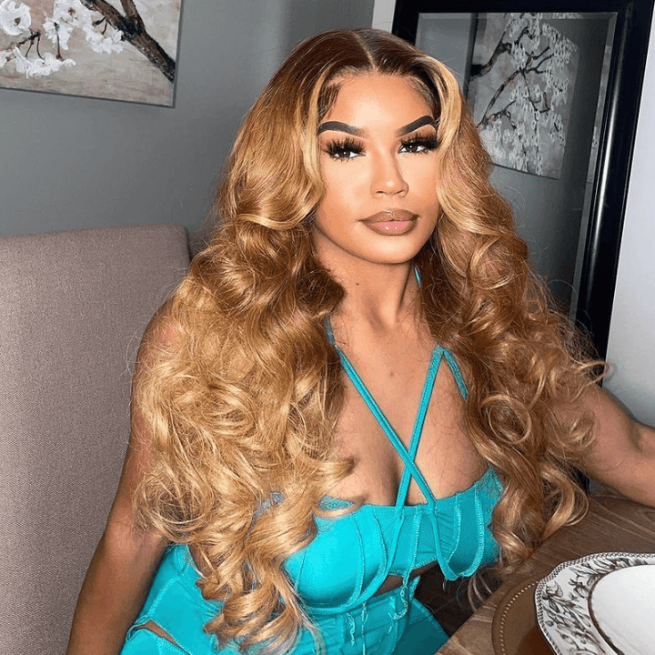 SZC Honey Blonde Brown With Dark Roots Body Wave Lace Front Human Hair Wig