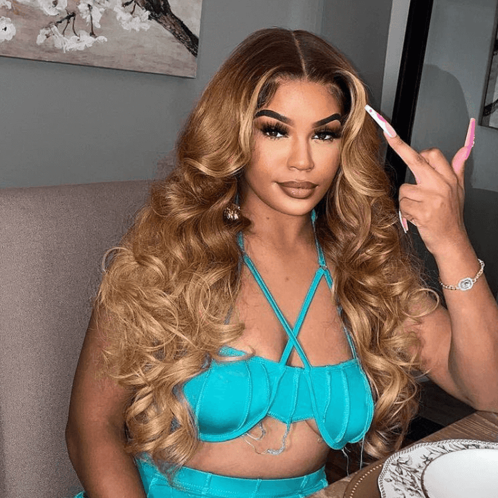 SZC Honey Blonde Brown With Dark Roots Body Wave Lace Front Human Hair Wig
