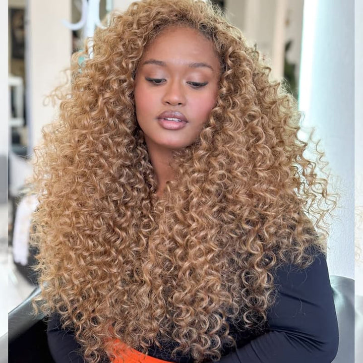 SZC Strawberry Honey Blonde Tighter Curls 250 300 Density 13x4 HD Lace Front Human Hair Wigs
