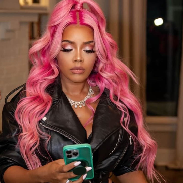 SZC Hot Pink Wavy 13x4 Lace Front Virgin Human Hair Wigs 200 Density