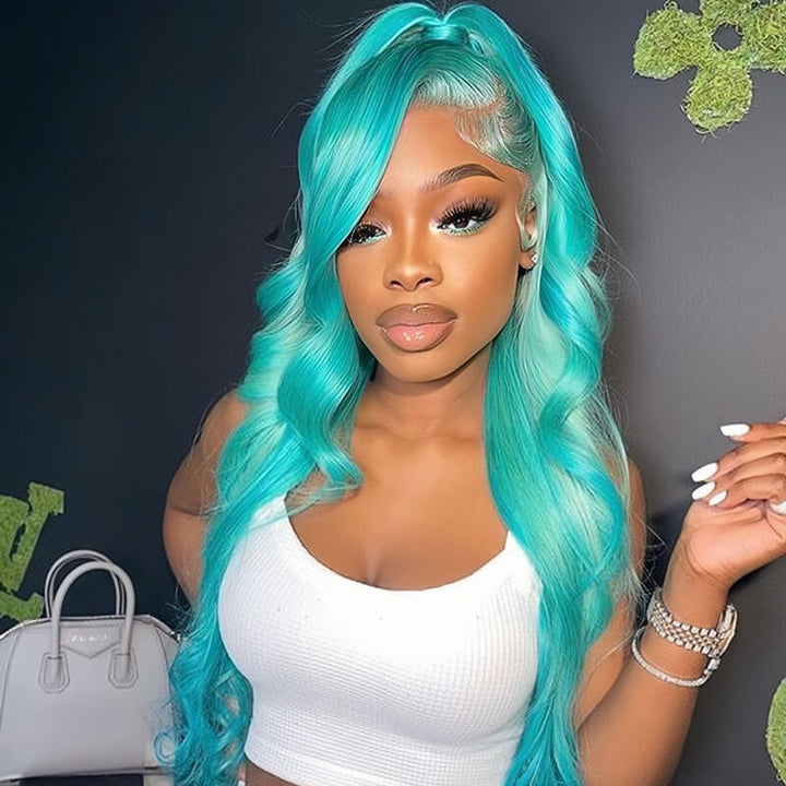 SZC Light Blue 13x4 Lace Front Human Hair Wigs 200 Density For Women