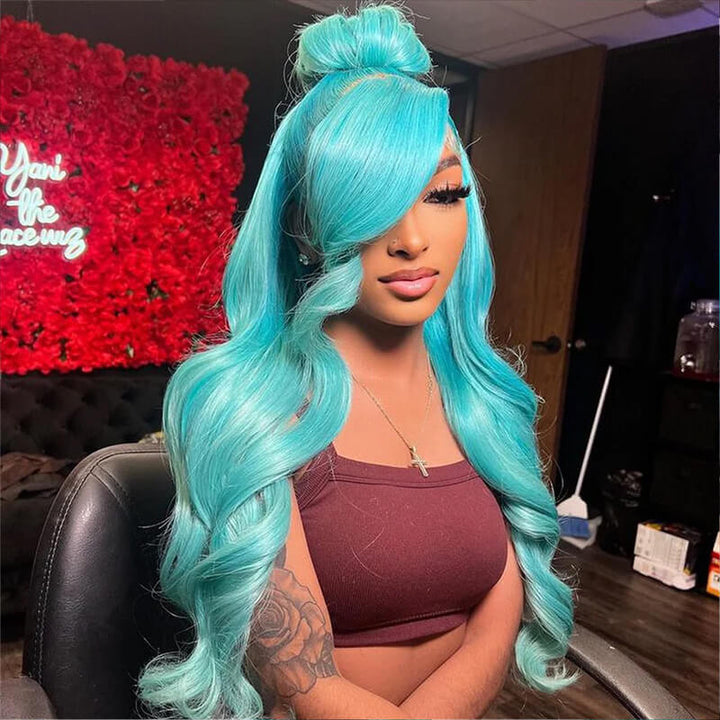 SZC Light Blue 13x4 Lace Front Human Hair Wigs 200 Density For Women