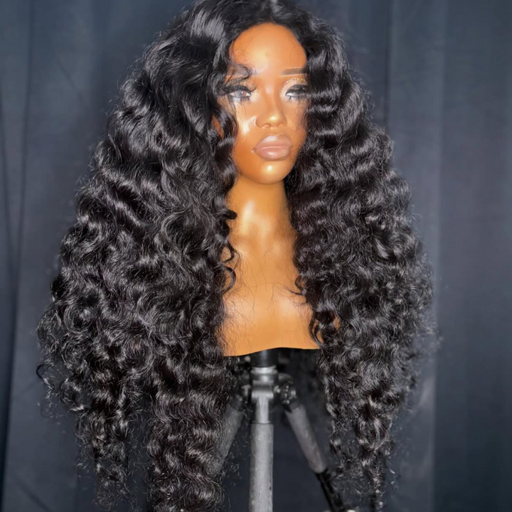SZC Loose Deep Wave Wand Curls 13x4 Lace Front Human Hair Wigs 250 300 Density