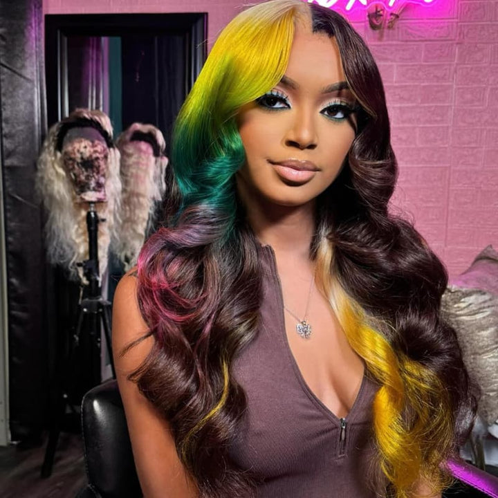 SZC Multicolor Ombre Yellow Green Red Brown 13x4Lace Front Virgin Human Hair Wig