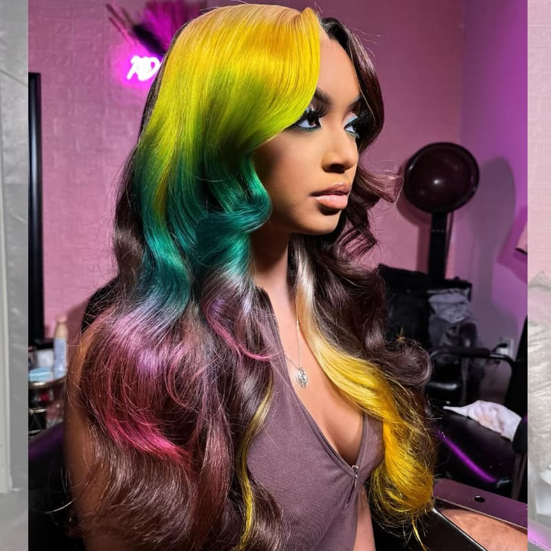 SZC Multicolor Ombre Yellow Green Red Brown 13x4Lace Front Virgin Human Hair Wig
