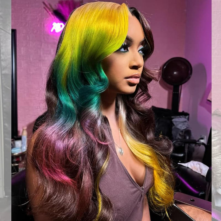 SZC Multicolor Ombre Yellow Green Red Brown 13x4Lace Front Virgin Human Hair Wig