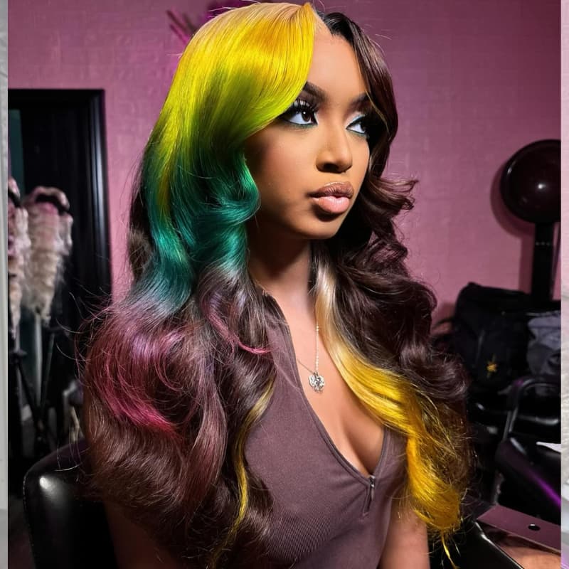 SZC Multicolor Ombre Yellow Green Red Brown 13x4Lace Front Virgin Human Hair Wig
