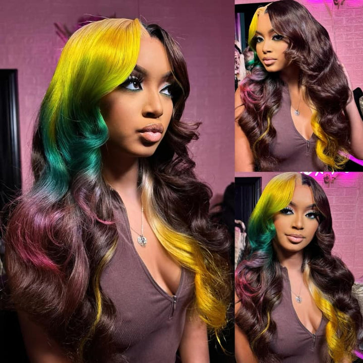 SZC Multicolor Ombre Yellow Green Red Brown 13x4Lace Front Virgin Human Hair Wig