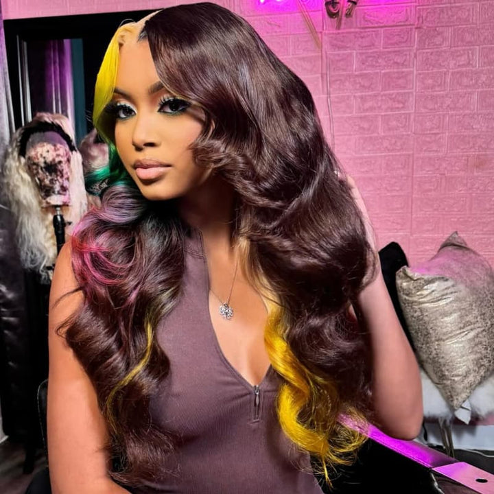 SZC Multicolor Ombre Yellow Green Red Brown 13x4Lace Front Virgin Human Hair Wig