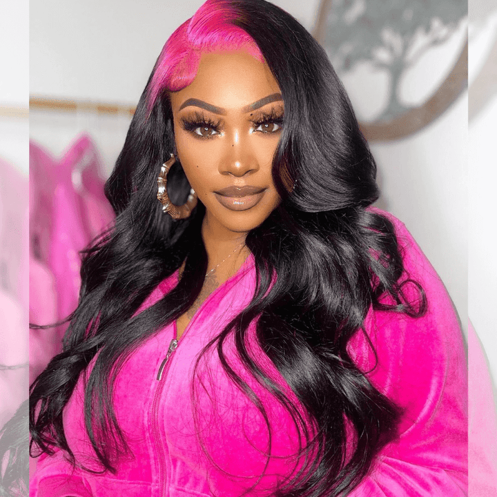 SZC Natural Black Lace Front Virgin Human Hair Wig With Pink Red Roots