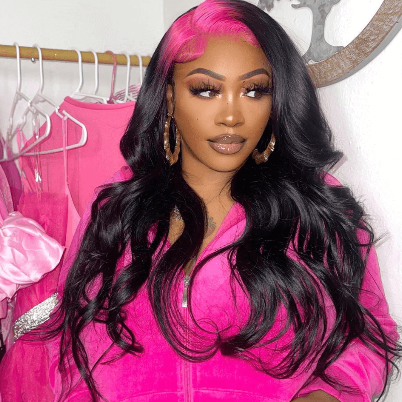 SZC Natural Black Lace Front Virgin Human Hair Wig With Pink Red Roots