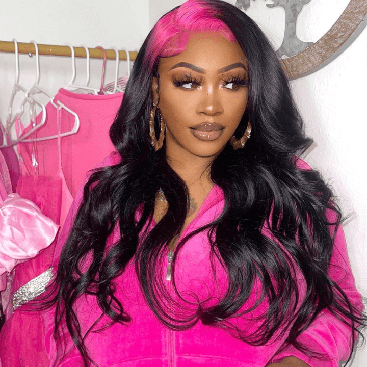 SZC Natural Black Lace Front Virgin Human Hair Wig With Pink Red Roots