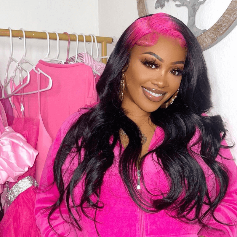 SZC Natural Black Lace Front Virgin Human Hair Wig With Pink Red Roots