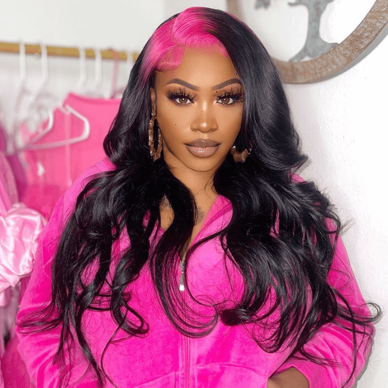 SZC Natural Black Lace Front Virgin Human Hair Wig With Pink Red Roots