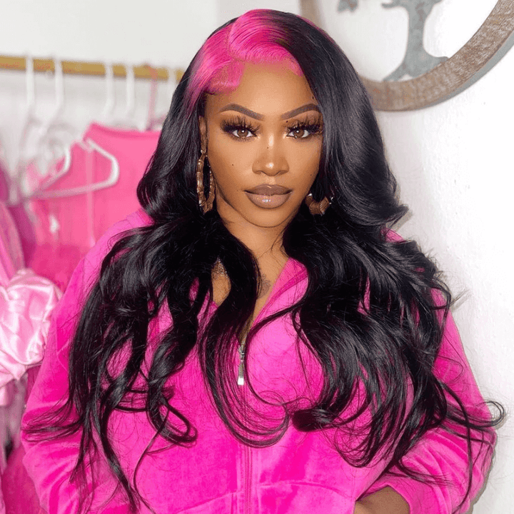 SZC Natural Black Lace Front Virgin Human Hair Wig With Pink Red Roots