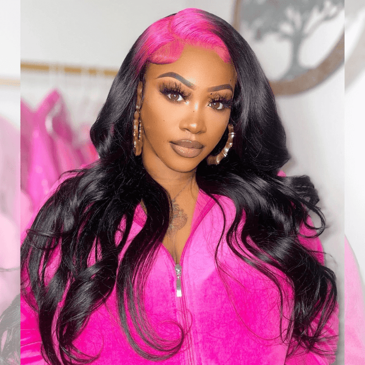 SZC Natural Black Lace Front Virgin Human Hair Wig With Pink Red Roots