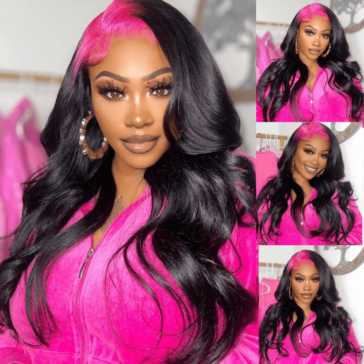 SZC Natural Black Lace Front Virgin Human Hair Wig With Pink Red Roots