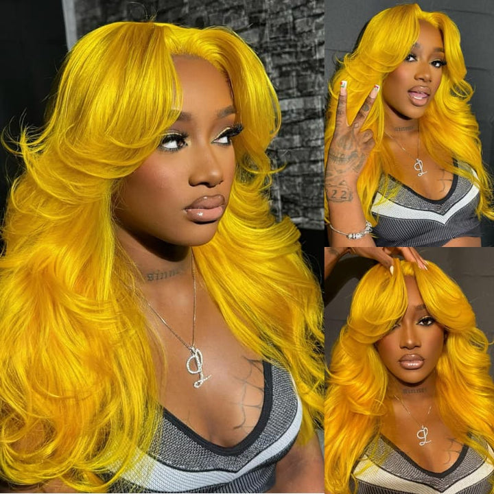 SZC Neon Yellow Curtain Bangs 13x4 HD Lace Front Virgin Human Hair Wig