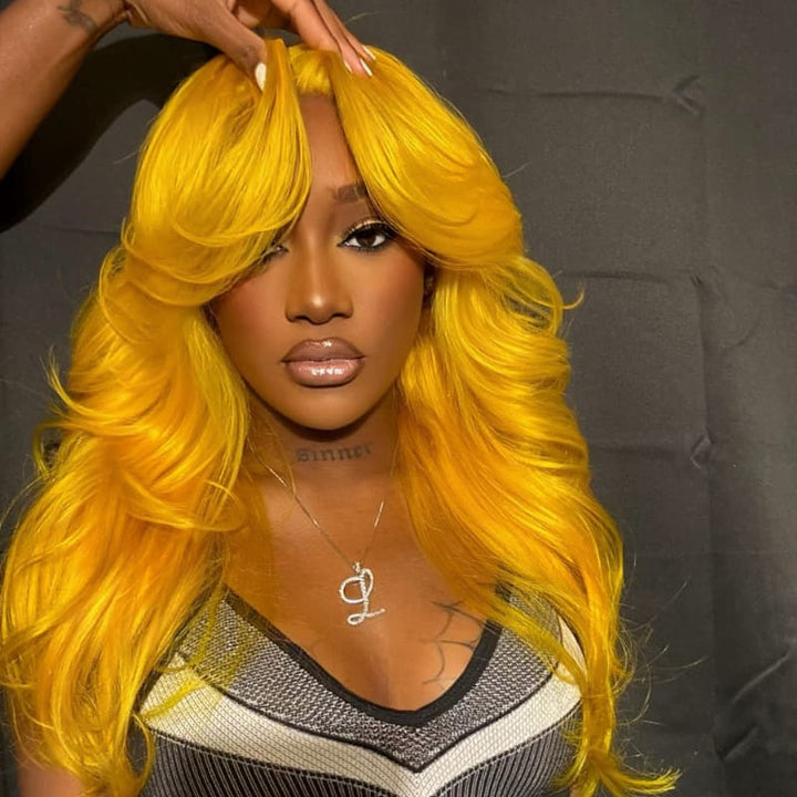 SZC Neon Yellow Curtain Bangs 13x4 HD Lace Front Virgin Human Hair Wig