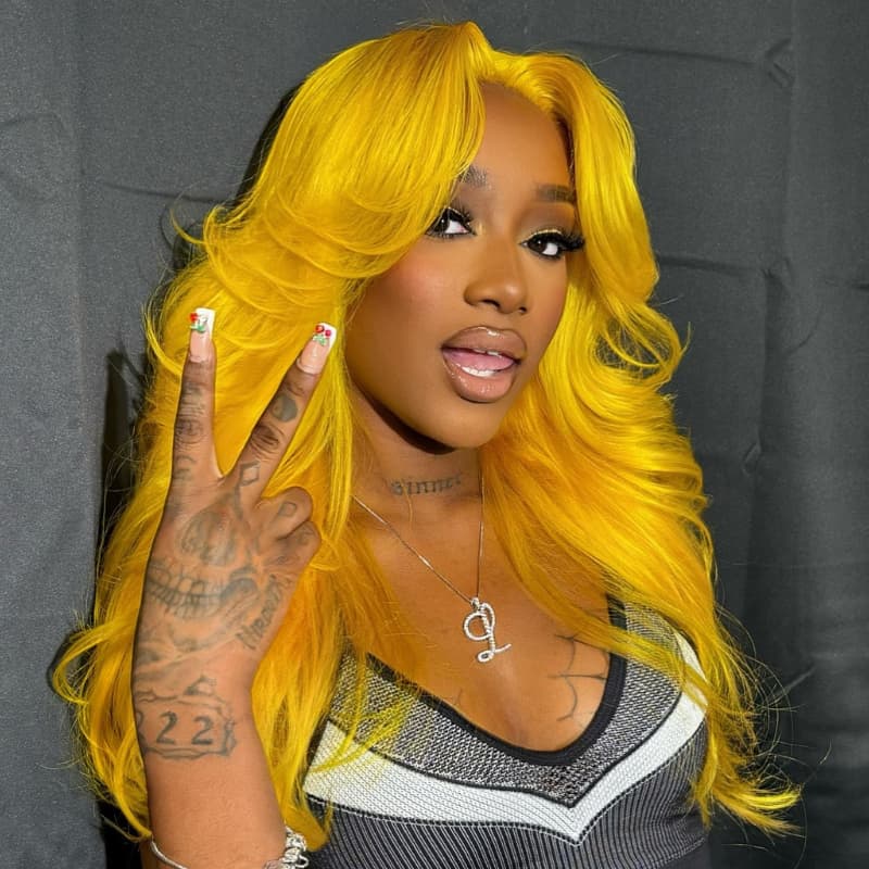 SZC Neon Yellow Curtain Bangs 13x4 HD Lace Front Virgin Human Hair Wig