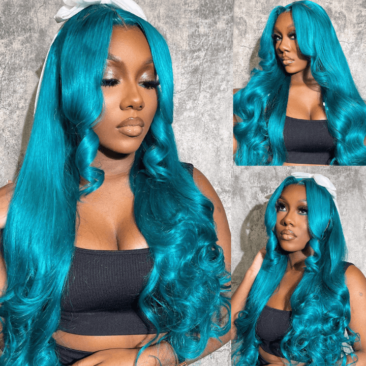 SZC Ocean Blue Straight Body Wave HD Lace Front Virgin Human Hair Wigs