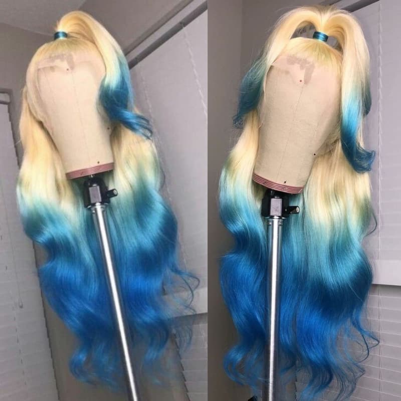 SZC Ombre 613 Blonde Blue 13x4 Lace Front Virgin Human Hair Wigs