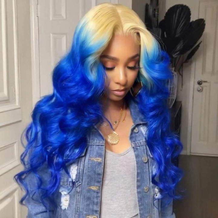 SZC Ombre 613 Blonde Blue 13x4 Lace Front Virgin Human Hair Wigs 200 Density
