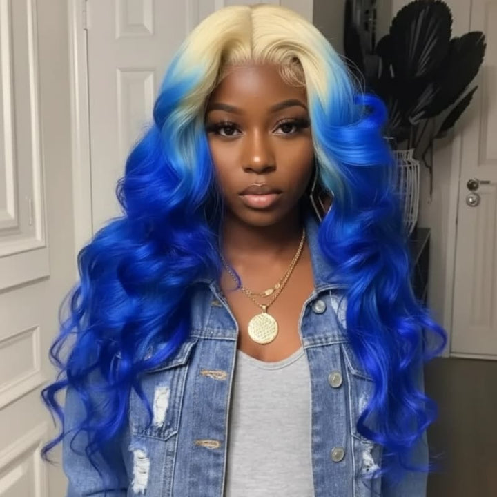 SZC Ombre 613 Blonde Blue 13x4 Lace Front Virgin Human Hair Wigs 200 Density