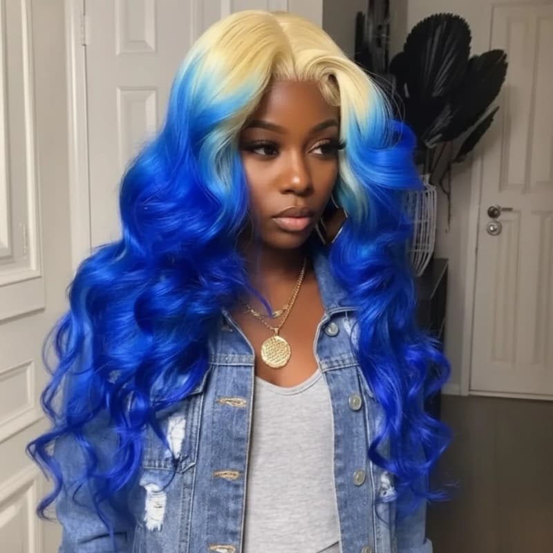SZC Ombre 613 Blonde Blue 13x4 Lace Front Virgin Human Hair Wigs 200 Density
