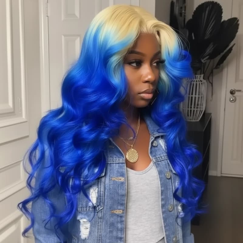 SZC Ombre 613 Blonde Blue 13x4 Lace Front Virgin Human Hair Wigs 200 Density
