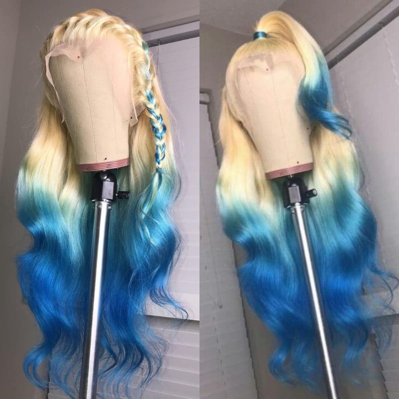SZC Ombre 613 Blonde Blue 13x4 Lace Front Virgin Human Hair Wigs