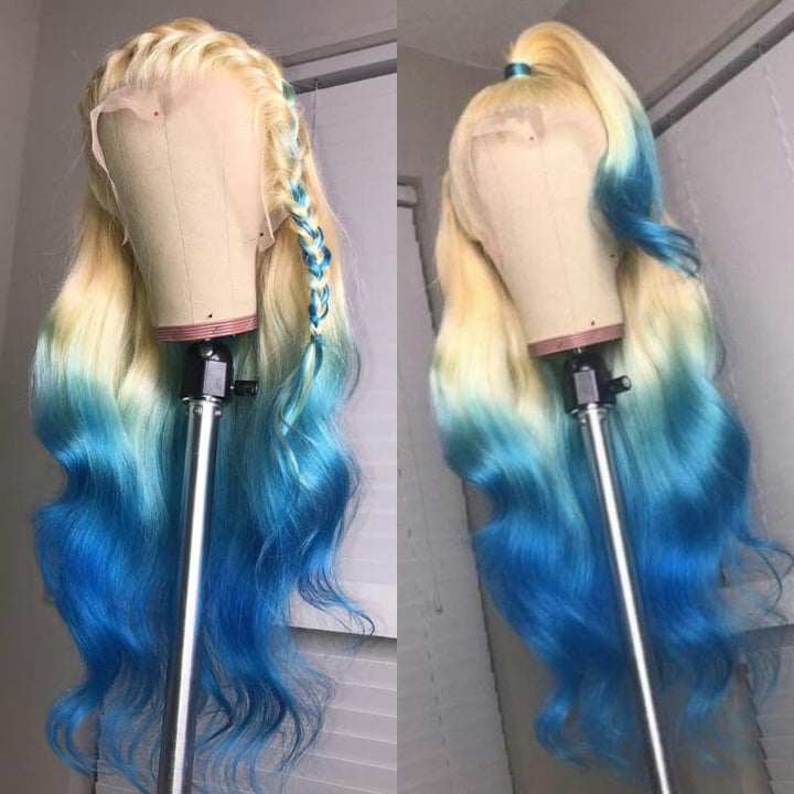 SZC Ombre 613 Blonde Blue 13x4 Lace Front Virgin Human Hair Wigs