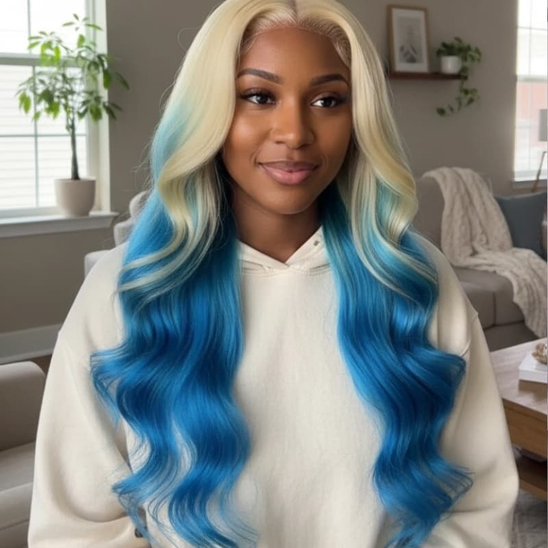 SZC Ombre 613 Blonde Blue 13x4 Lace Front Virgin Human Hair Wigs