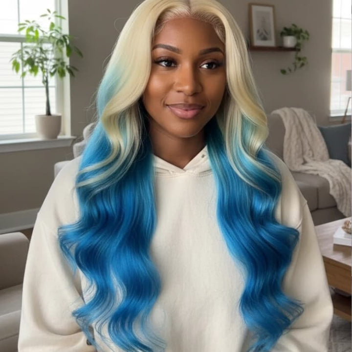 SZC Ombre 613 Blonde Blue 13x4 Lace Front Virgin Human Hair Wigs