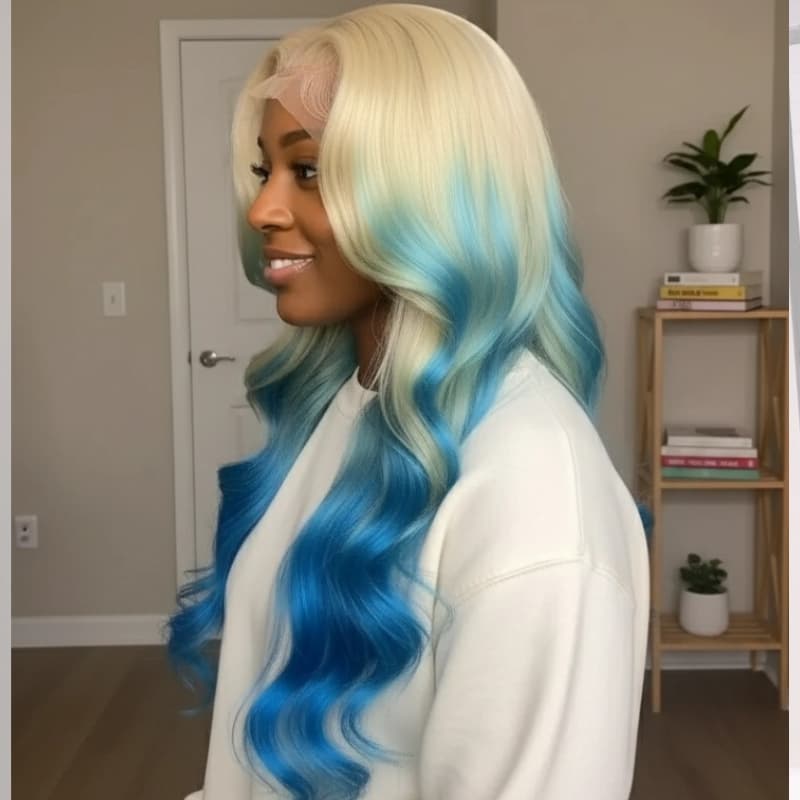 SZC Ombre 613 Blonde Blue 13x4 Lace Front Virgin Human Hair Wigs