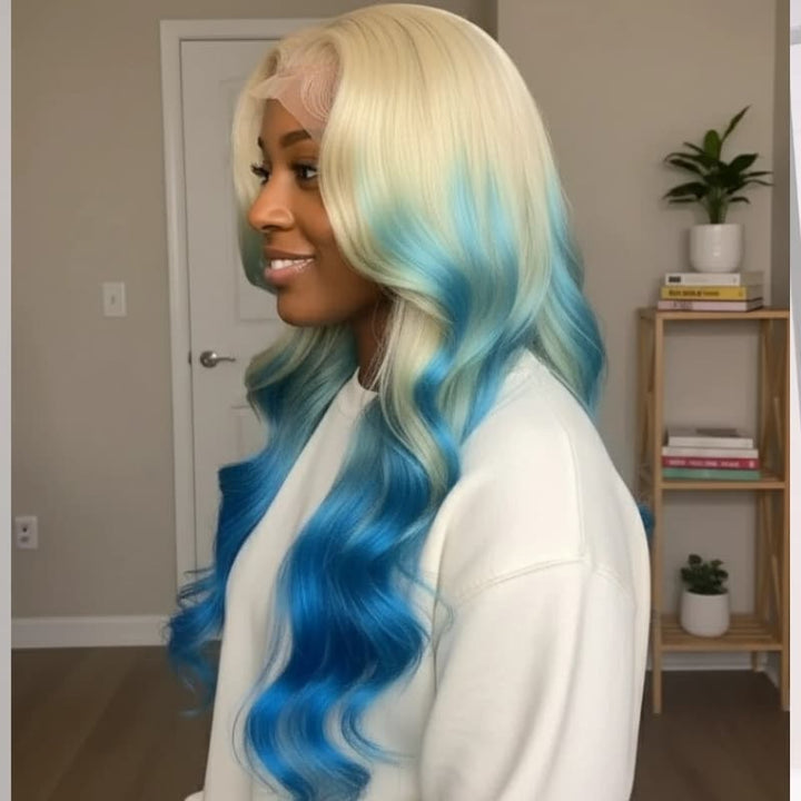 SZC Ombre 613 Blonde Blue 13x4 Lace Front Virgin Human Hair Wigs