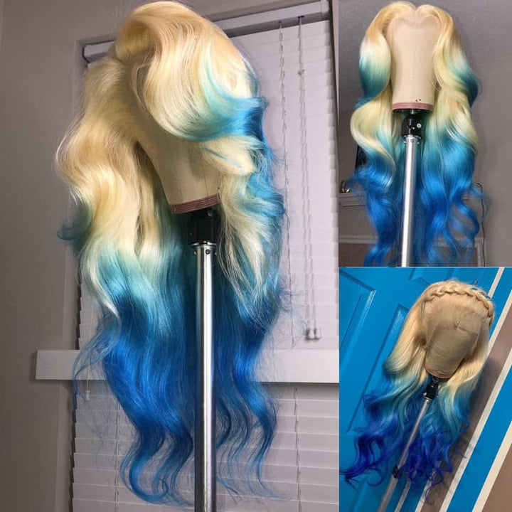 SZC Ombre 613 Blonde Blue 13x4 Lace Front Virgin Human Hair Wigs