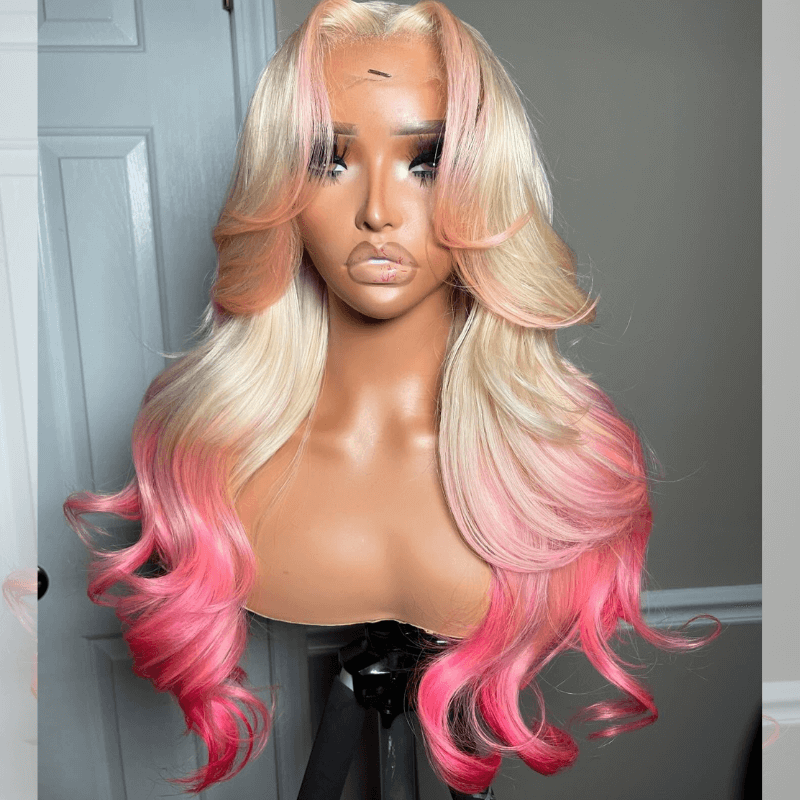 SZC Ombre 613 Blonde Pink Skunk Stripe Lace Frontal Virgin Human Hair Wig