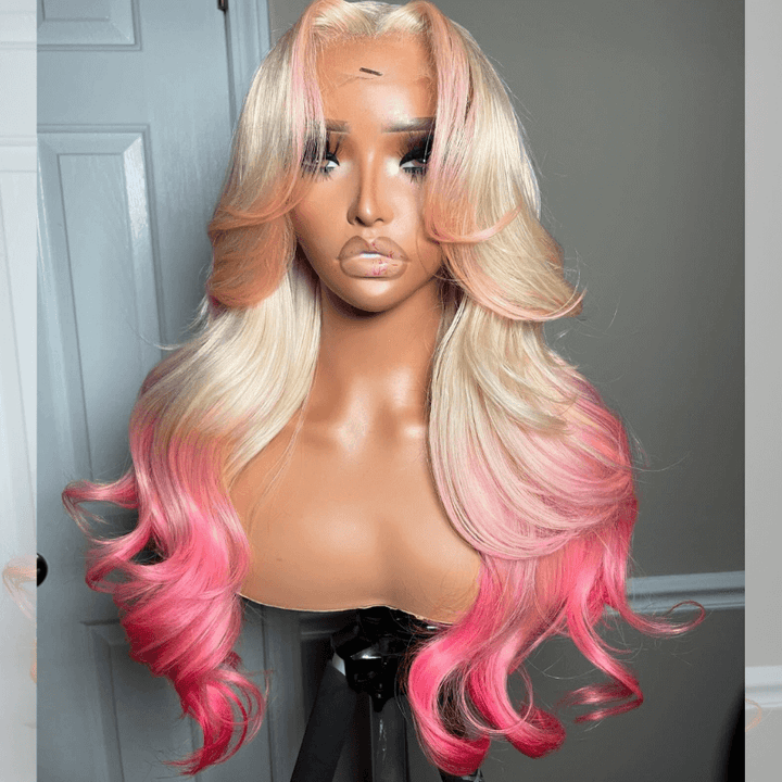 SZC Ombre 613 Blonde Pink Skunk Stripe Lace Frontal Virgin Human Hair Wig