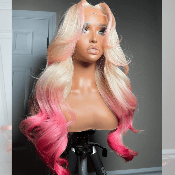 SZC Ombre 613 Blonde Pink Skunk Stripe Lace Frontal Virgin Human Hair Wig