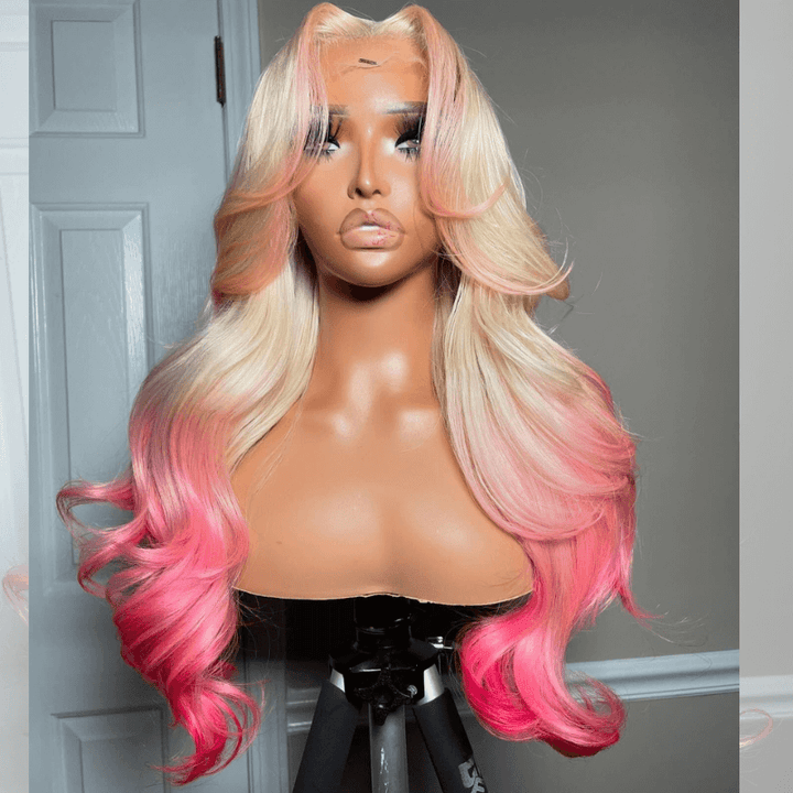SZC Ombre 613 Blonde Pink Skunk Stripe Lace Frontal Virgin Human Hair Wig