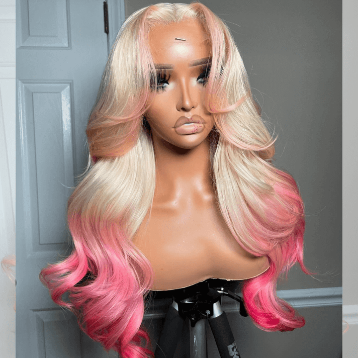 SZC Ombre 613 Blonde Pink Skunk Stripe Lace Frontal Virgin Human Hair Wig