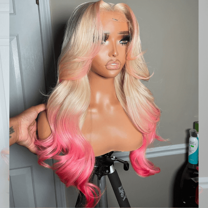 SZC Ombre 613 Blonde Pink Skunk Stripe Lace Frontal Virgin Human Hair Wig