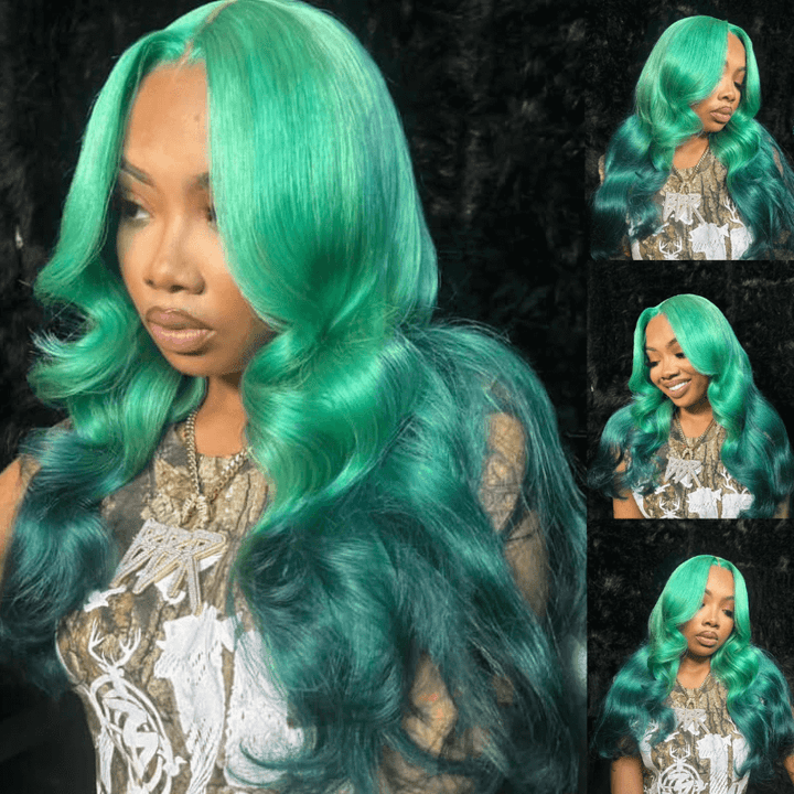 SZC Ombre Aqua Emerald Green Color Body Wave Lace Front Human Hair Wigs