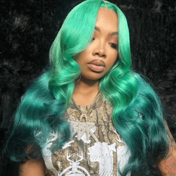 SZC Ombre Aqua Emerald Green Color Body Wave Lace Front Human Hair Wigs