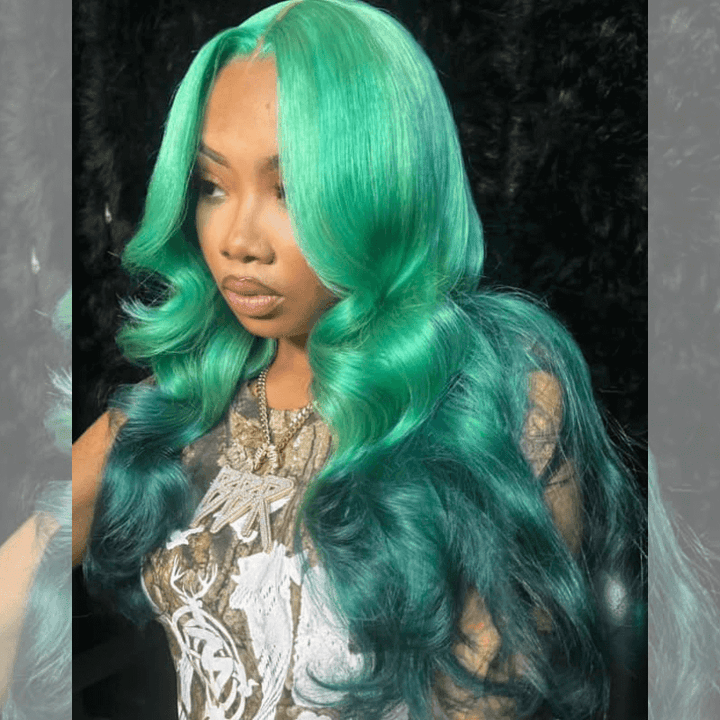 SZC Ombre Aqua Emerald Green Color Body Wave Lace Front Human Hair Wigs