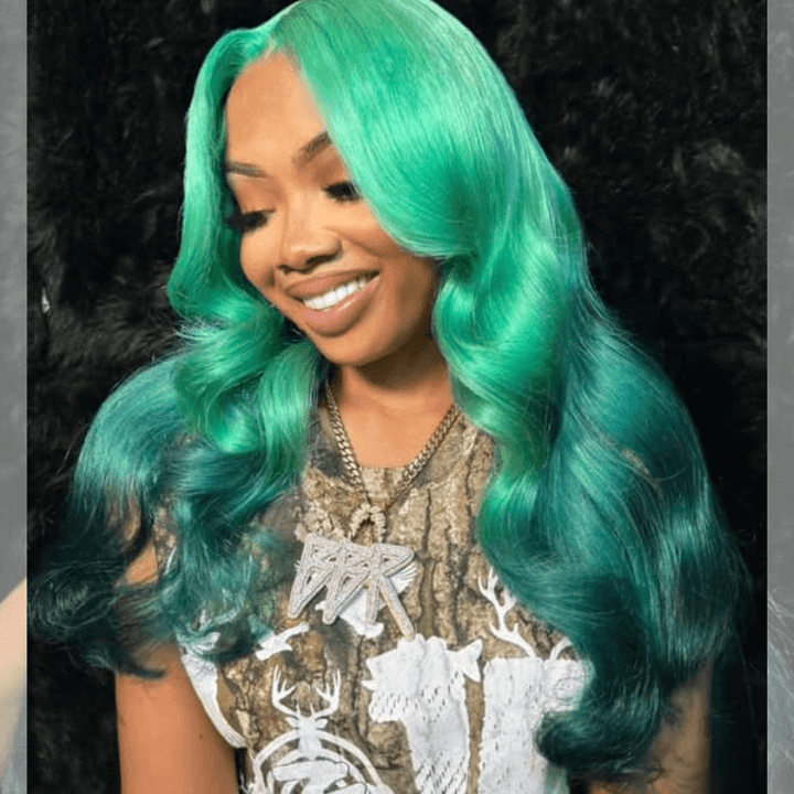 SZC Ombre Aqua Emerald Green Color Body Wave Lace Front Human Hair Wigs