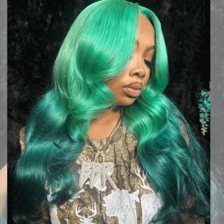 SZC Ombre Aqua Emerald Green Color Body Wave Lace Front Human Hair Wigs