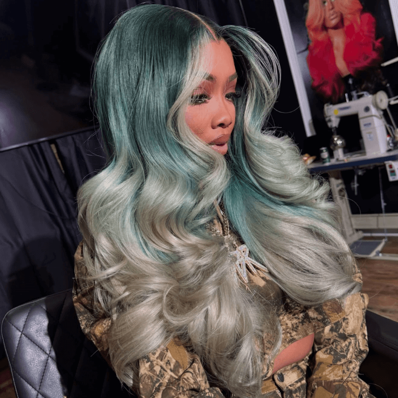 SZC Ombre Ash Blue Gray Skunk Stripe 13x4 HD Lace Front Human Hair Wig