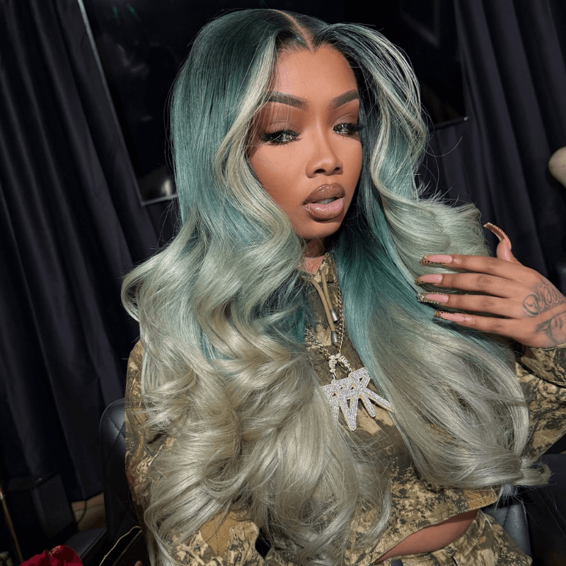 SZC Ombre Ash Blue Gray Skunk Stripe 13x4 HD Lace Front Human Hair Wig